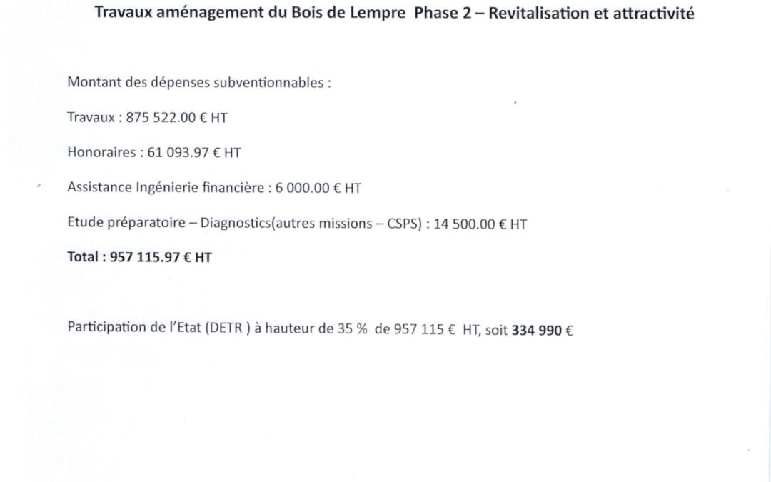 Plan de financement travaux aménagement Bois de Lempre phase 2
