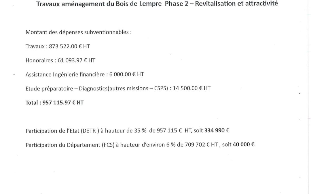 Plan de financement travaux aménagement Bois de Lempre phase 2